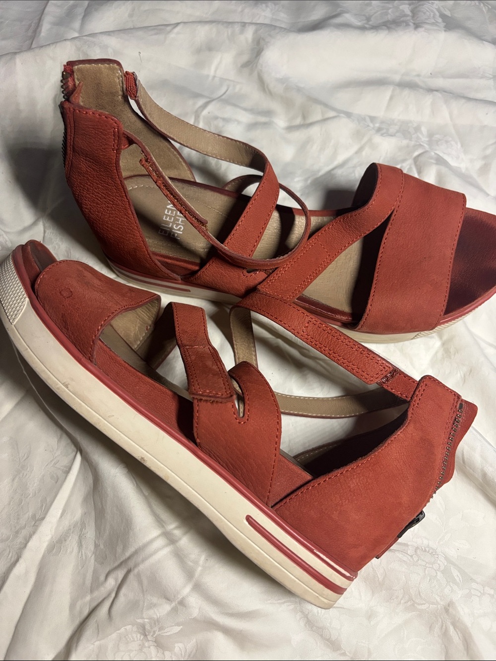 Eileen Fisher Rust Red Strappy Wedge Sandals, Sz 7.5